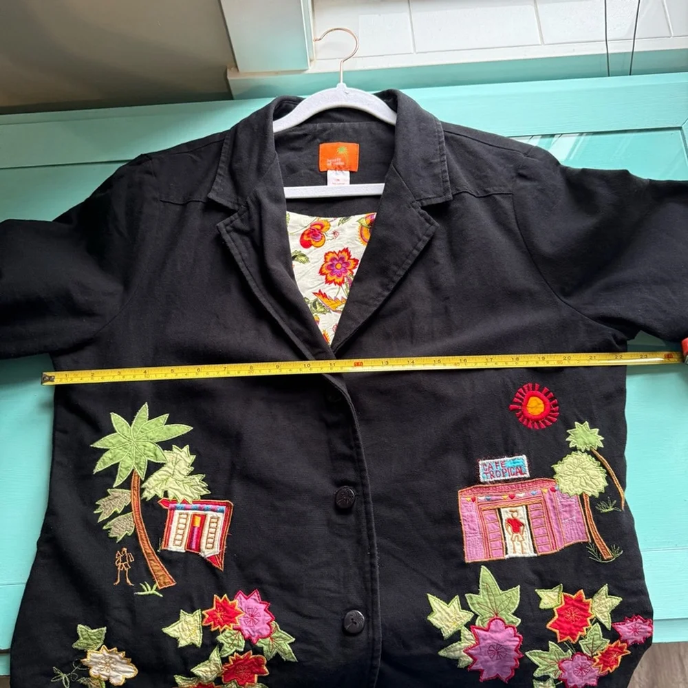 Hearts of Palm Black Tropical Floral Embroidered Cotton Blazer Women’s 16 - Picture 5 of 13